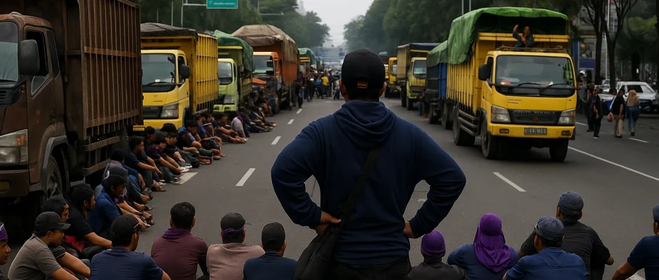demo sopir truk, Zero ODOL, Surabaya, blokade jalan Ahmad Yani