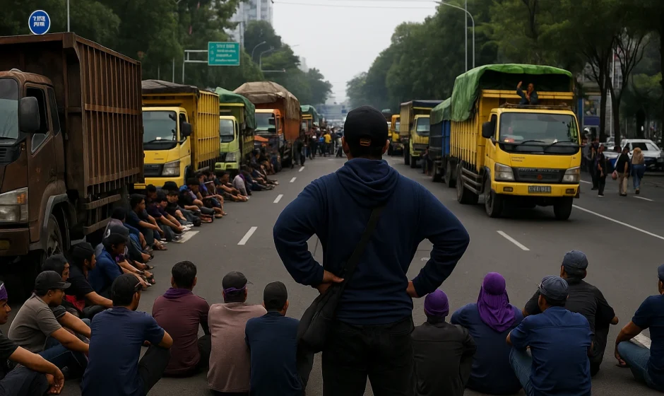 demo sopir truk, Zero ODOL, Surabaya, blokade jalan Ahmad Yani