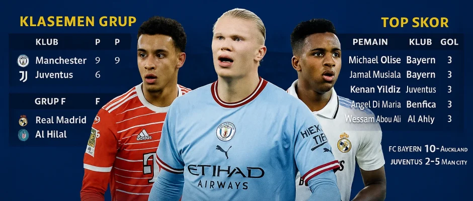 Simak hasil lengkap, klasemen grup, dan top skor Piala Dunia Antarklub 2025. Bayern, City, Madrid tampil dominan. Siapa kandidat juara?