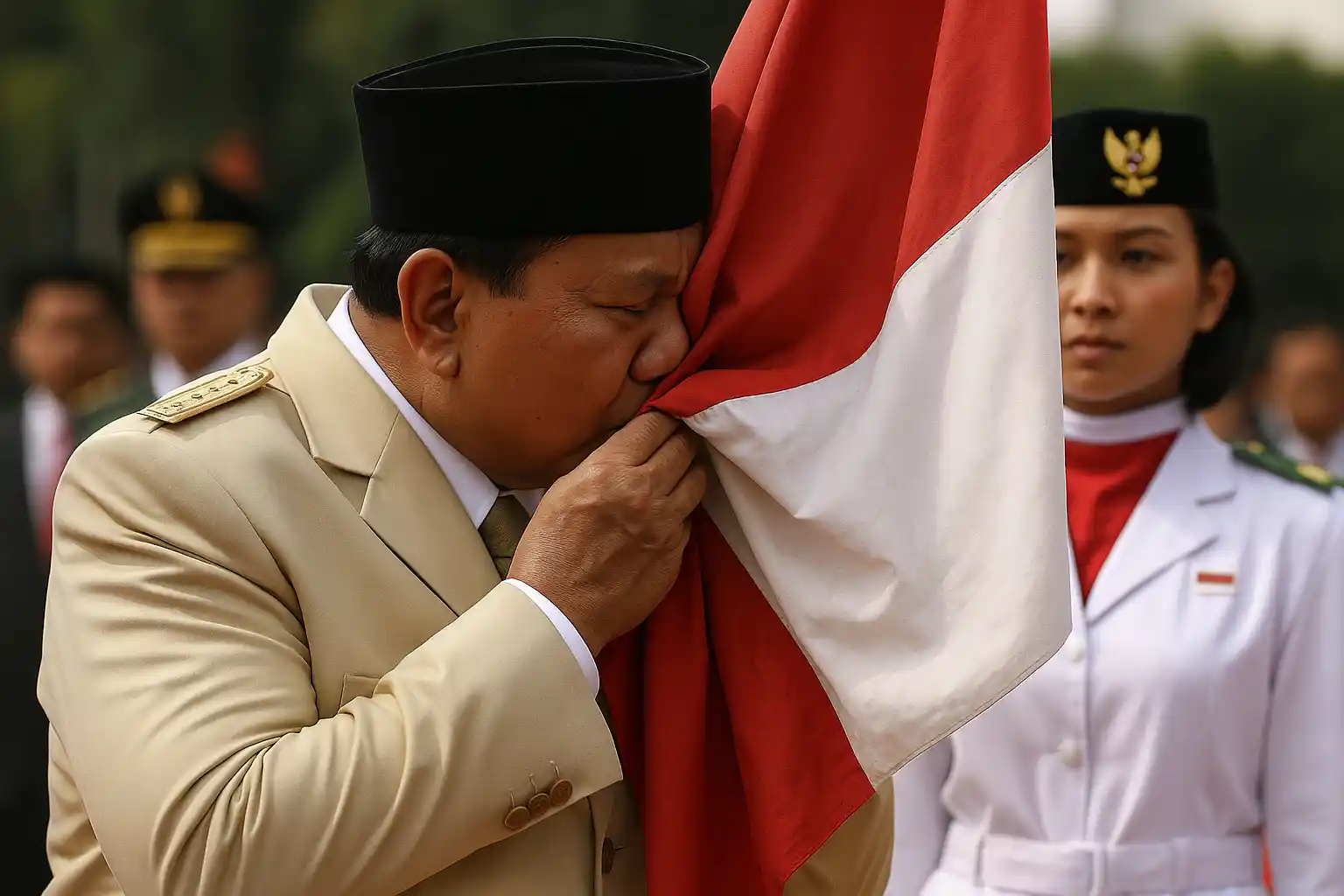 Prabowo Cium Bendera Merah Putih di Istana Merdeka